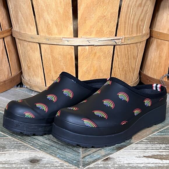 Hunter PLAY Logo Rainbow All Over Print Slip-On Mules Clogs Womens Size 10 - Picture 3 of 11